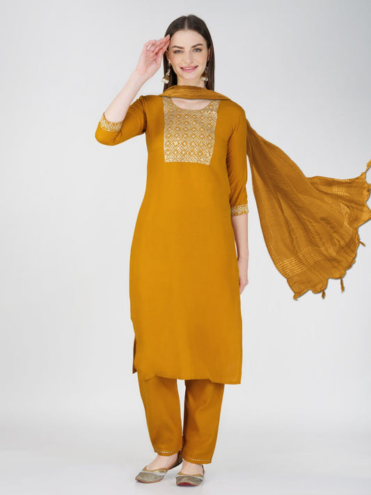 Yellow Color Cotton Blend With Embroidery Sequence Work Kurti Pant Dupatta