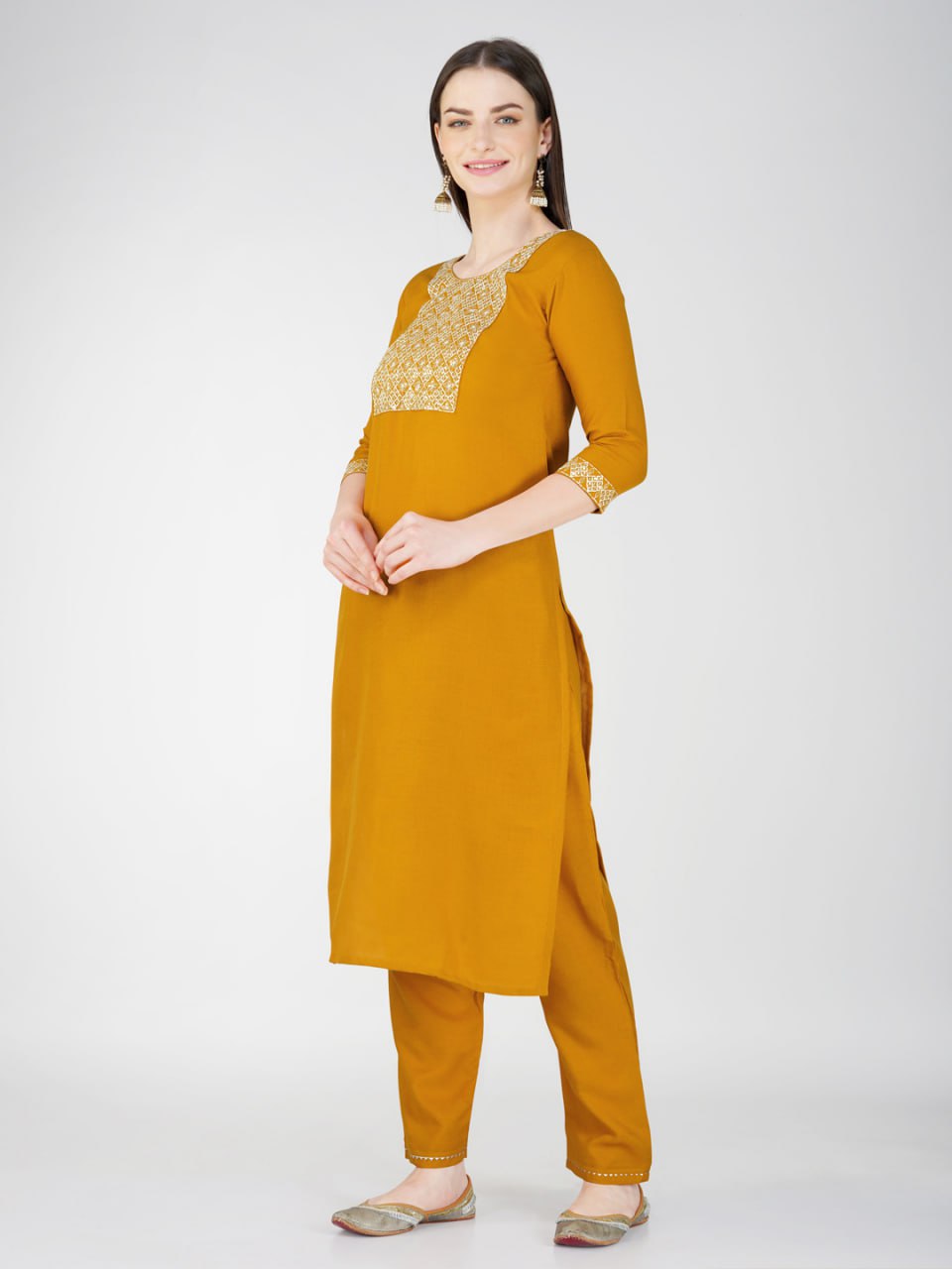 Yellow Color Cotton Blend With Embroidery Sequence Work Kurti Pant Dupatta