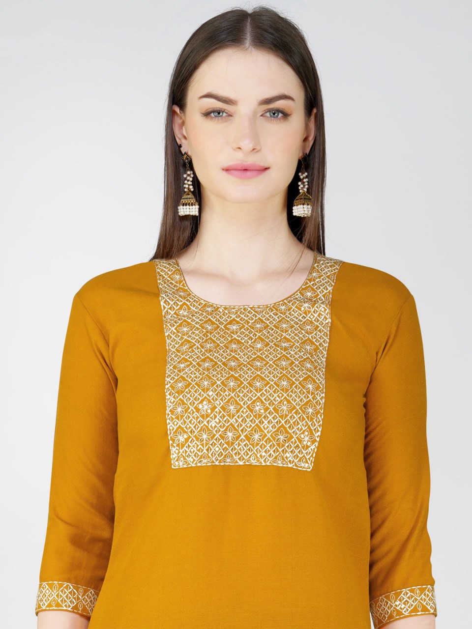 Yellow Color Cotton Blend With Embroidery Sequence Work Kurti Pant Dupatta