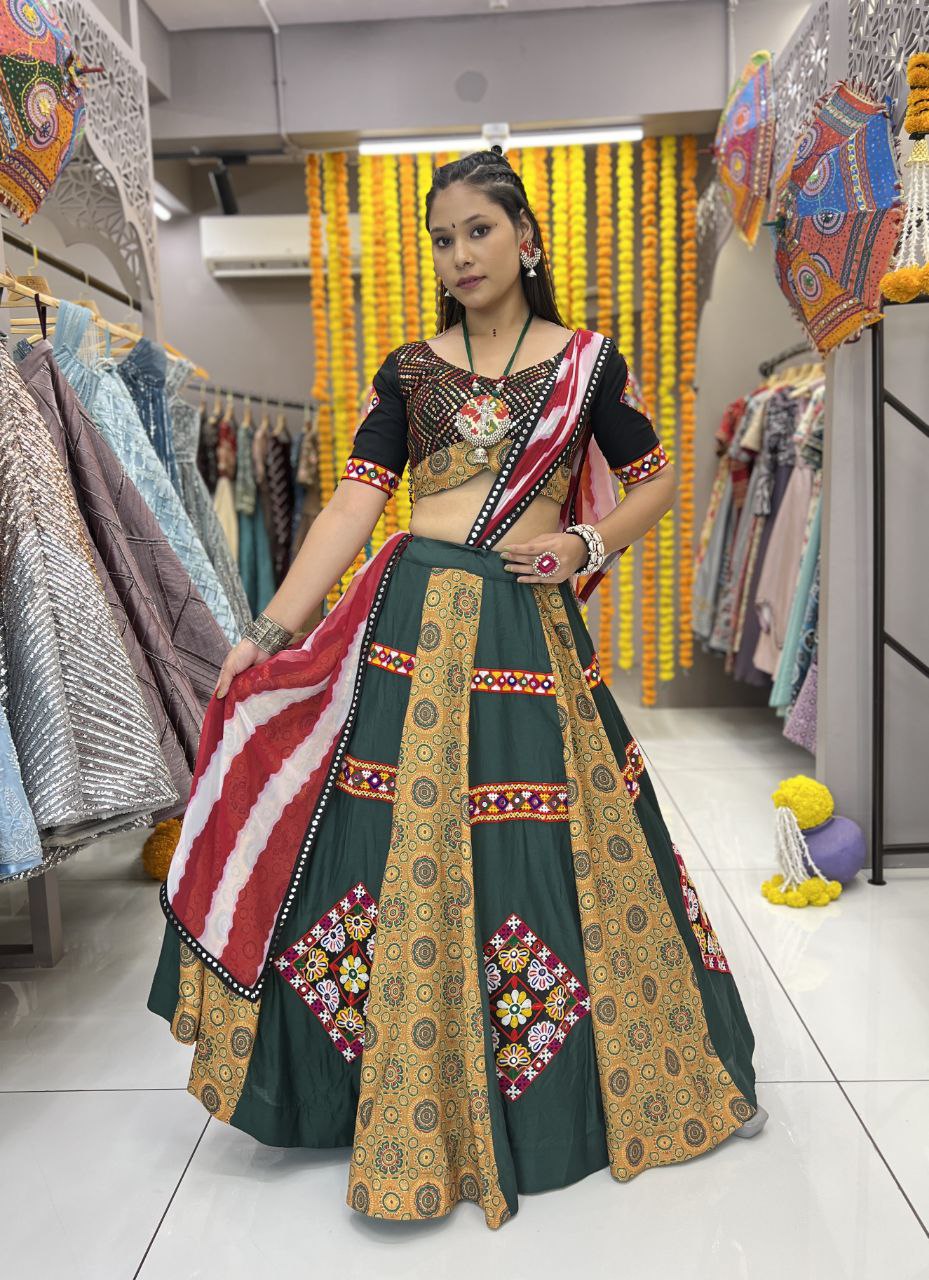 Green Color Maslin Heavy Print Gamthi Work Lace Patch Piramit Full Stitched Lehenga Choli