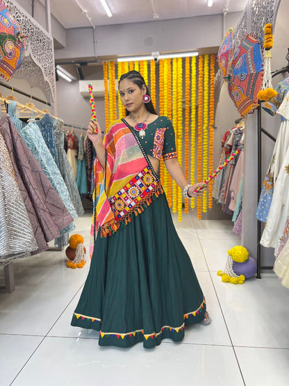 Green Colour Rayon Multi Colour Samosa Lace Full Stitched Lehenga Choli