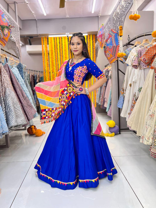 Blue Colour Rayon Multi Colour Samosa Lace Full Stitched Lehenga Choli