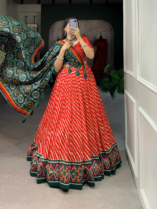 Red Color Leheriya Print Tussar Silk Lehenga Choli