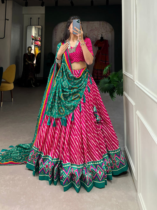 Pink Color Leheriya Print Tussar Silk Lehenga Choli