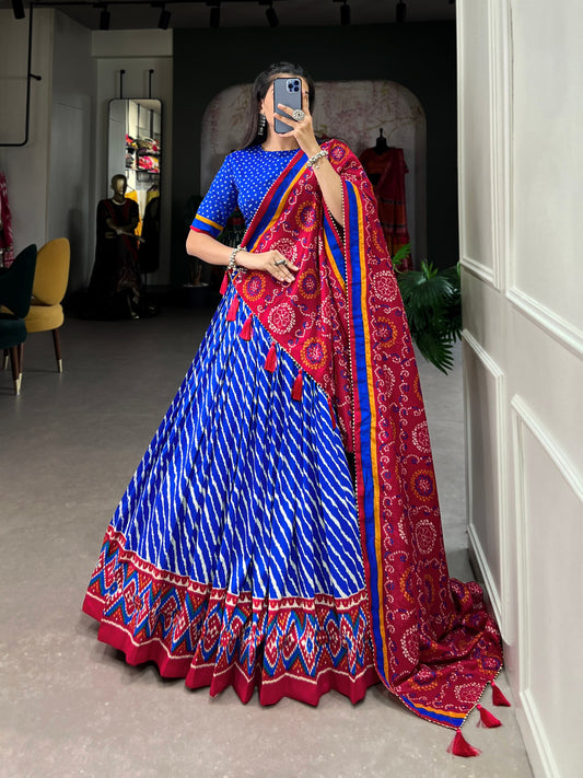 Red Blue Color Leheriya Print Tussar Silk Lehenga Choli