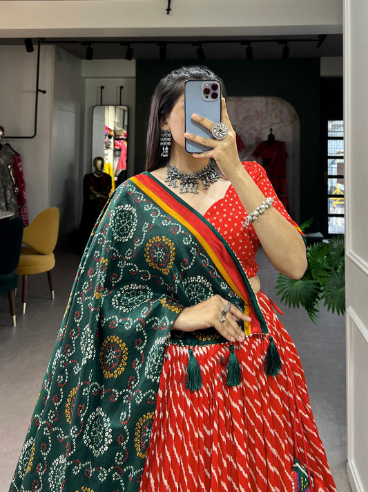 Red Color Leheriya Print Tussar Silk Lehenga Choli