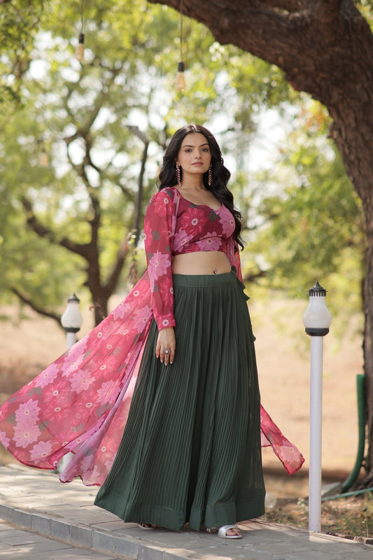 Green Color aux Georgette With Crush Pleating Full Stitched Lehenga Choli