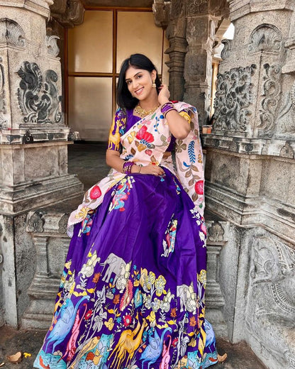 Blue Color Soft Silk Kalmkari Print Micro Cotton Fancy Samosa Lace And Tussar Silk Lehenga Choli