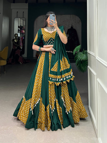 Green Color Pure Cotton Plain And Printed With Cowrie (Kodi) Lace Navratri Lehenga Choli