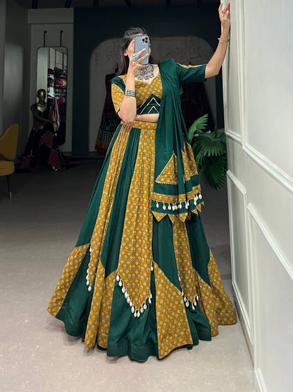 Green Color Pure Cotton Plain And Printed With Cowrie (Kodi) Lace Navratri Lehenga Choli