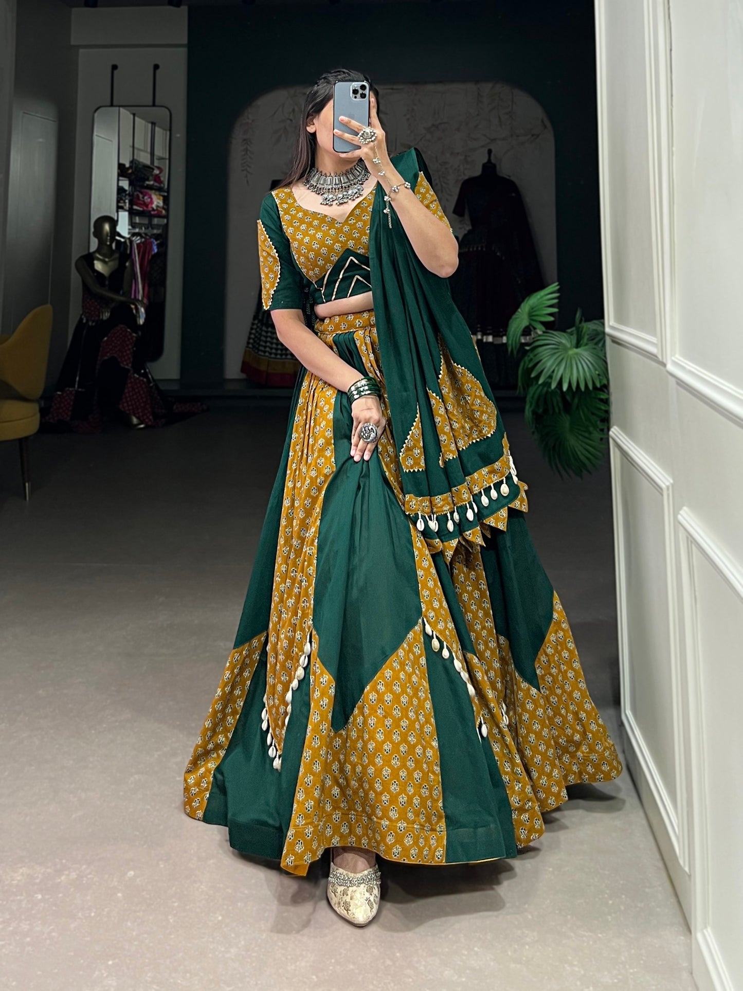 Green Color Pure Cotton Plain And Printed With Cowrie (Kodi) Lace Navratri Lehenga Choli