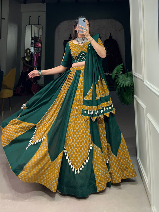 Green Color Pure Cotton Plain And Printed With Cowrie (Kodi) Lace Navratri Lehenga Choli