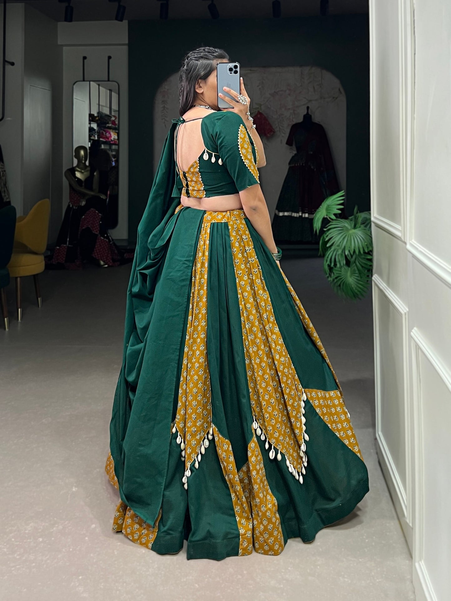 Green Color Pure Cotton Plain And Printed With Cowrie (Kodi) Lace Navratri Lehenga Choli