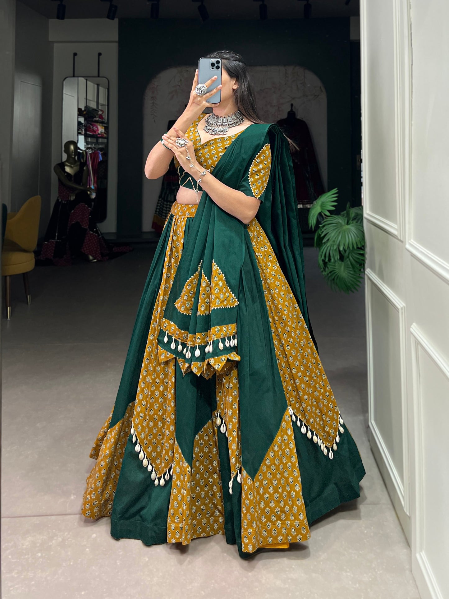 Green Color Pure Cotton Plain And Printed With Cowrie (Kodi) Lace Navratri Lehenga Choli