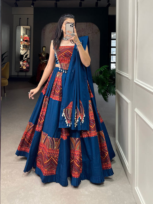 Blue Color Pure Cotton Plain And Printed With Foil Work Navratri Lehenga Choli