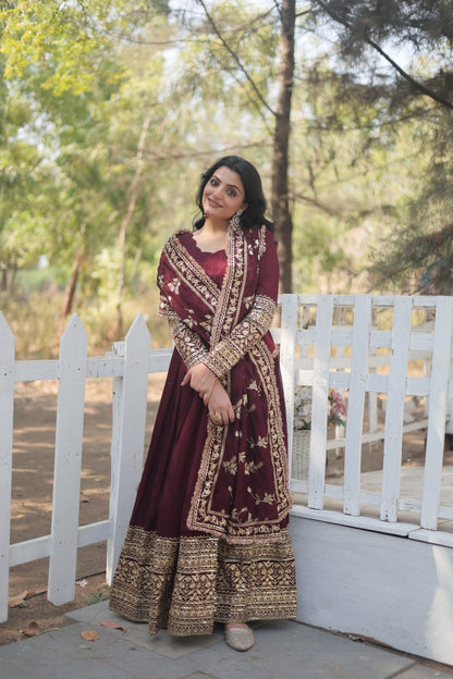 Dark Maroon Vichitra Shimmer With Rich Sequins Embroidered Work Gown