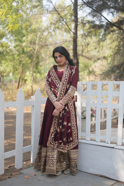 Dark Maroon Vichitra Shimmer With Rich Sequins Embroidered Work Gown