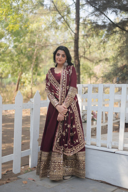 Dark Maroon Vichitra Shimmer With Rich Sequins Embroidered Work Gown