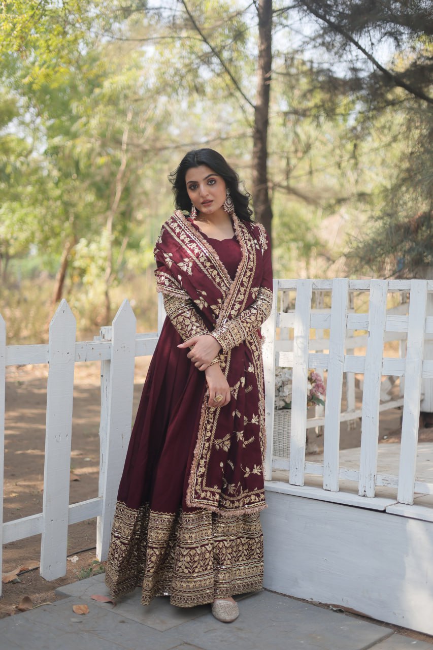 Dark Maroon Vichitra Shimmer With Rich Sequins Embroidered Work Gown