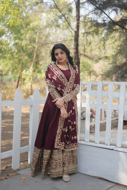 Dark Maroon Vichitra Shimmer With Rich Sequins Embroidered Work Gown