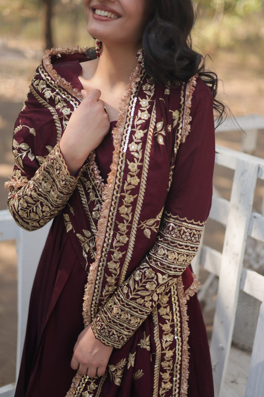 Dark Maroon Vichitra Shimmer With Rich Sequins Embroidered Work Gown