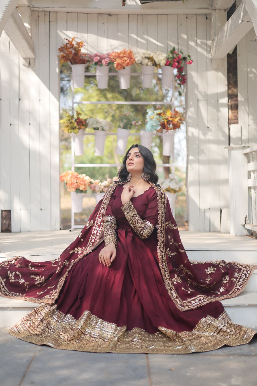 Dark Maroon Vichitra Shimmer With Rich Sequins Embroidered Work Gown