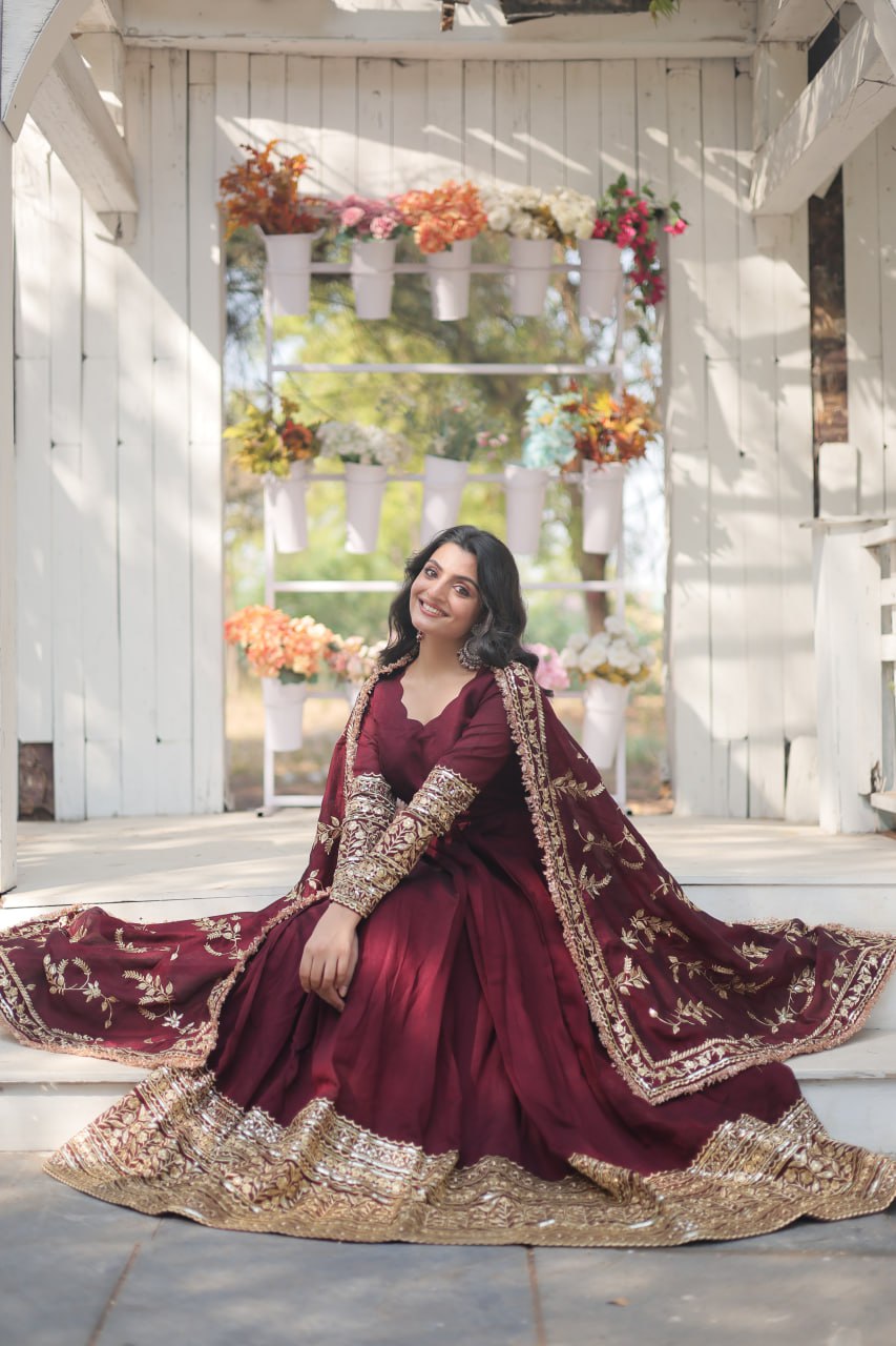 Dark Maroon Vichitra Shimmer With Rich Sequins Embroidered Work Gown