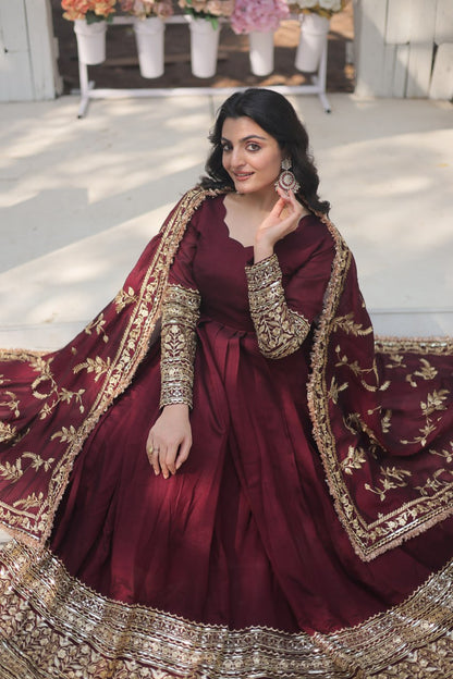 Dark Maroon Vichitra Shimmer With Rich Sequins Embroidered Work Gown