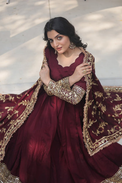 Dark Maroon Vichitra Shimmer With Rich Sequins Embroidered Work Gown