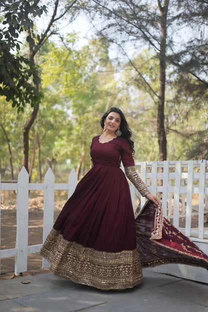 Dark Maroon Vichitra Shimmer With Rich Sequins Embroidered Work Gown