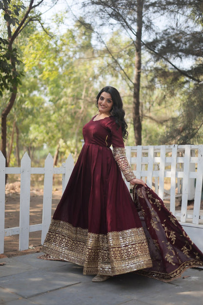 Dark Maroon Vichitra Shimmer With Rich Sequins Embroidered Work Gown