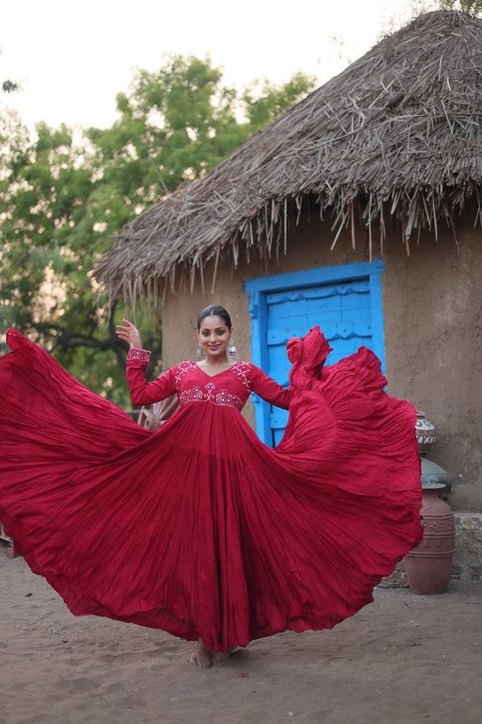 Maroon Color 14 kg Reyon Fabric with Real Mirror Work Gown