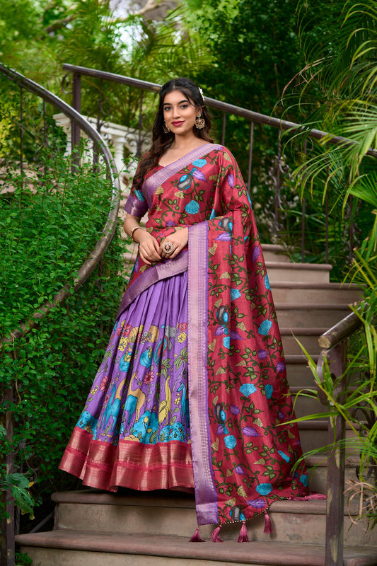 Lavender Color Kalamkari Dola Silk charm Print With Weaving Border Stitched Lehenga Choli