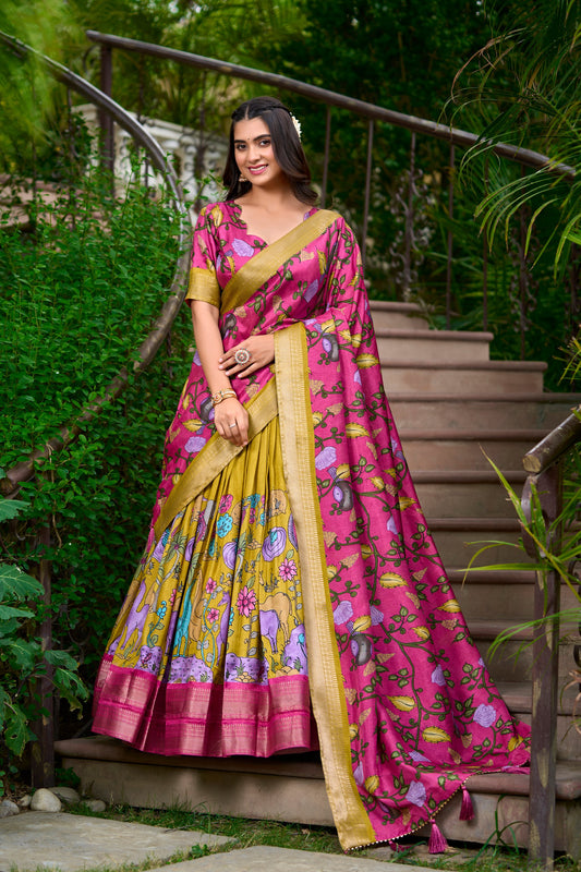 Mustard Color Kalamkari Dola Silk charm Print With Weaving Border Stitched Lehenga Choli