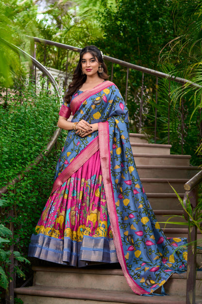 Pink Color Kalamkari Dola Silk charm Print With Weaving Border Stitched Lehenga Choli