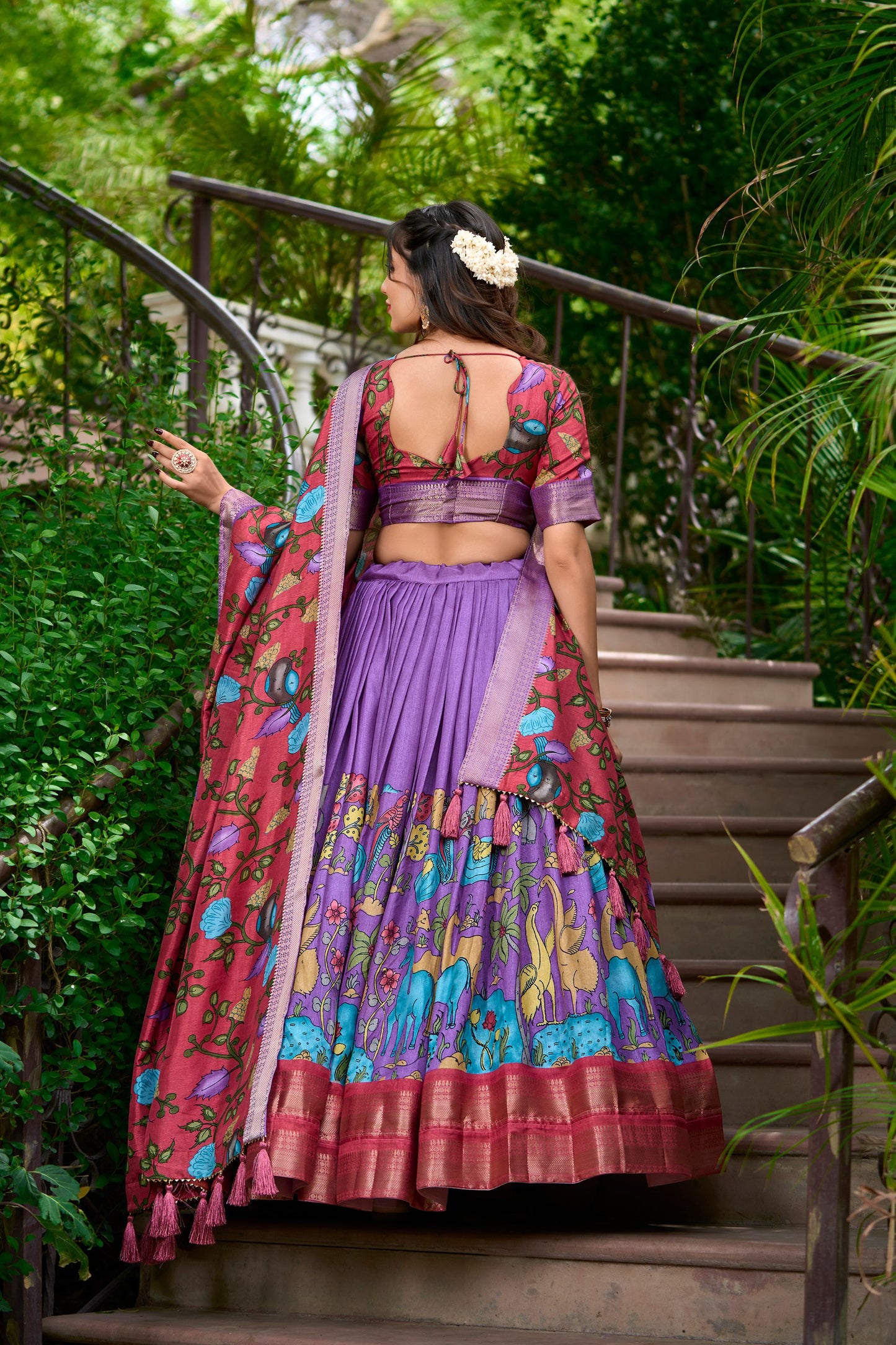 Lavender Color Kalamkari Dola Silk charm Print With Weaving Border Stitched Lehenga Choli