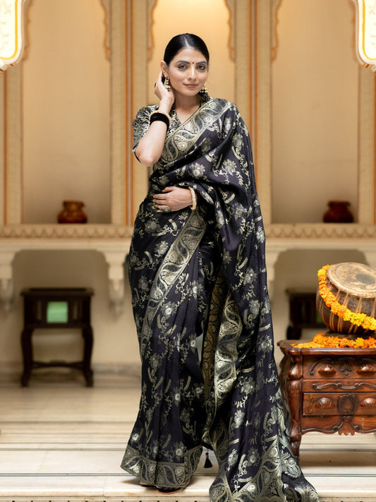 Black Color Pure Banarasi Golden Zari Weaving and Soft Silk Saree