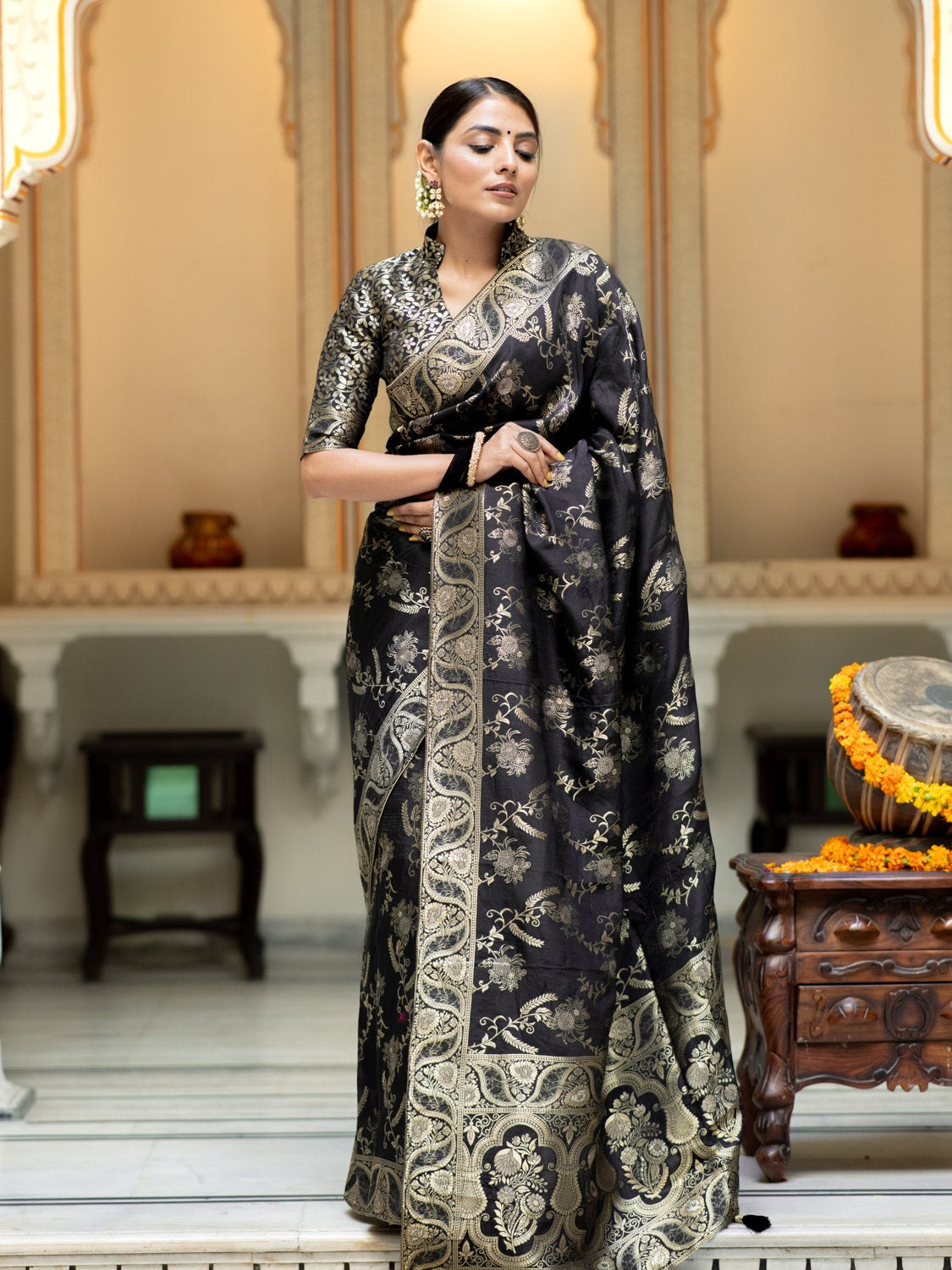 Black Color Pure Banarasi Golden Zari Weaving and Soft Silk Saree