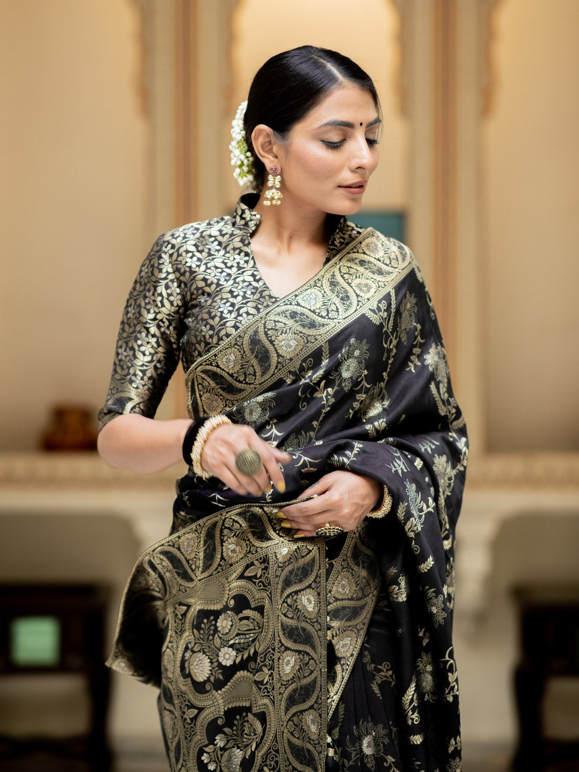 Black Color Pure Banarasi Golden Zari Weaving and Soft Silk Saree