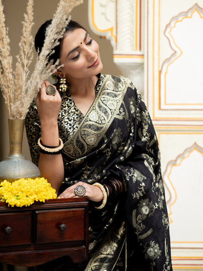 Black Color Pure Banarasi Golden Zari Weaving and Soft Silk Saree