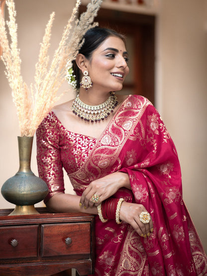 Red Color Pure Banarasi Golden Zari Weaving and Soft Silk Saree