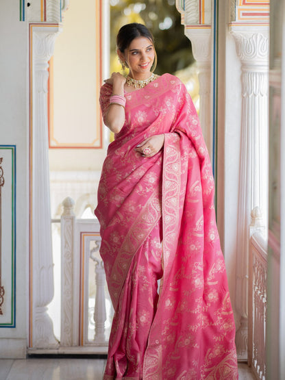 Pink Color Pure Banarasi Golden Zari Weaving and Soft Silk Saree