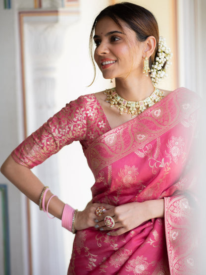 Pink Color Pure Banarasi Golden Zari Weaving and Soft Silk Saree