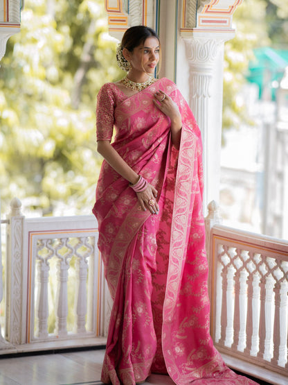 Pink Color Pure Banarasi Golden Zari Weaving and Soft Silk Saree