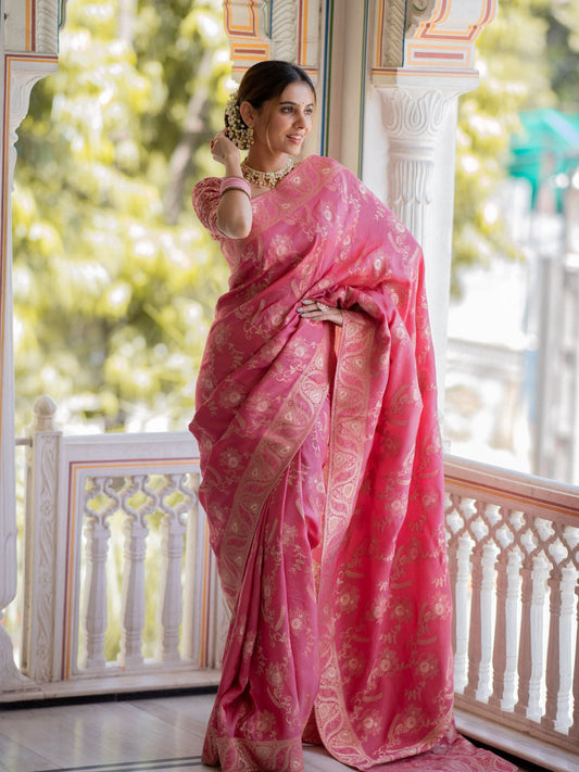 Pink Color Pure Banarasi Golden Zari Weaving and Soft Silk Saree