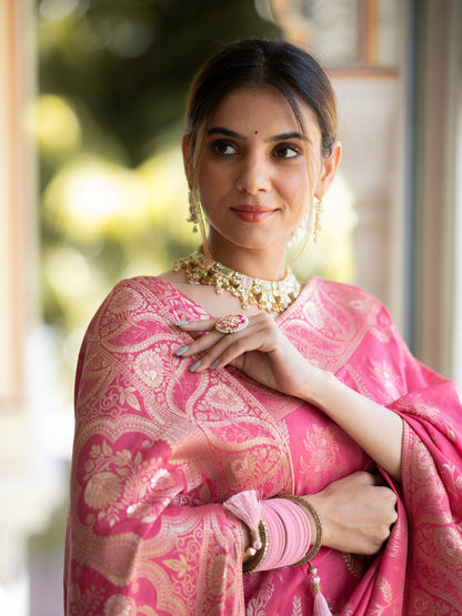 Pink Color Pure Banarasi Golden Zari Weaving and Soft Silk Saree