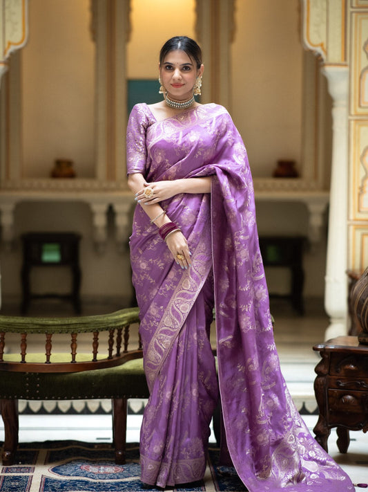 Lavender Color Pure Banarasi Golden Zari Weaving and Soft Silk Saree