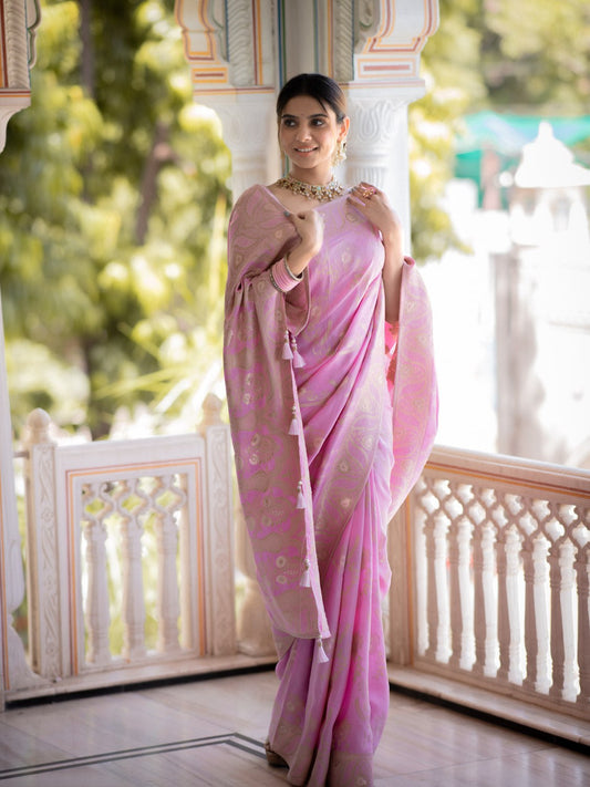 Baby Pink Color Pure Banarasi Golden Zari Weaving and Soft Silk Saree