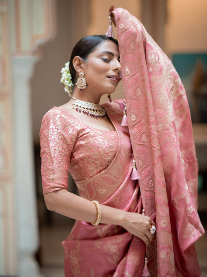 Light Pink Color Pure Banarasi Golden Zari Weaving and Soft Silk Saree