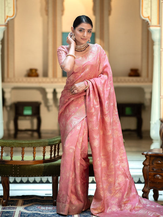 Light Pink Color Pure Banarasi Golden Zari Weaving and Soft Silk Saree